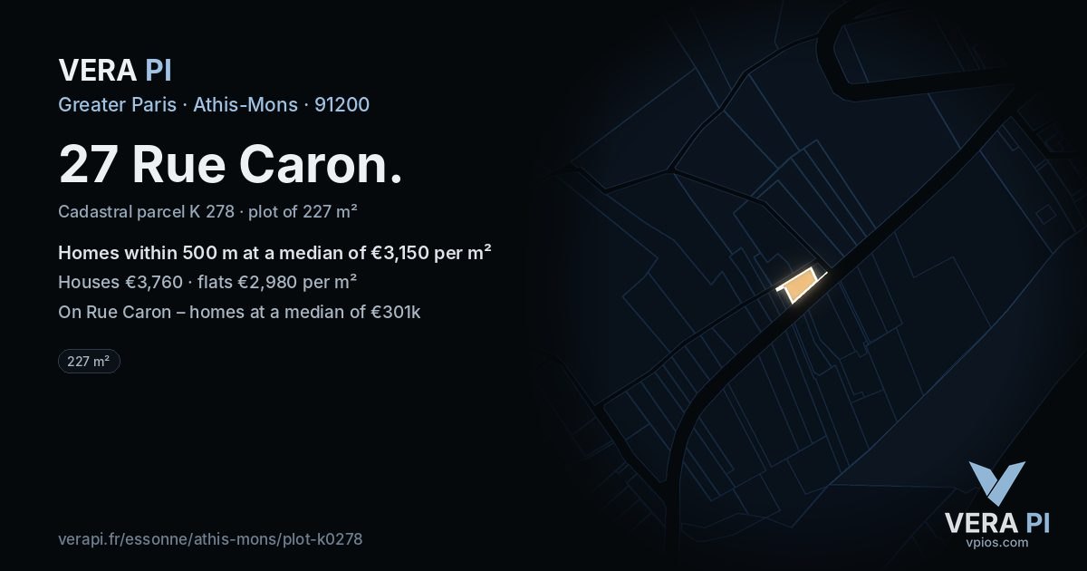 27 Rue Caron, Athis-Mons at night – the plot lit, the parcels around coloured by the prices near them