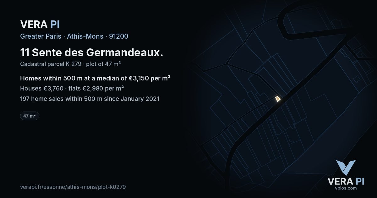 11 Sente des Germandeaux, Athis-Mons at night – the plot lit, the parcels around coloured by the prices near them