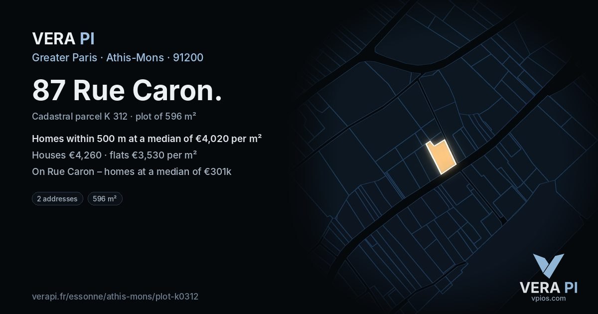 87 Rue Caron, Athis-Mons at night – the plot lit, the parcels around coloured by the prices near them