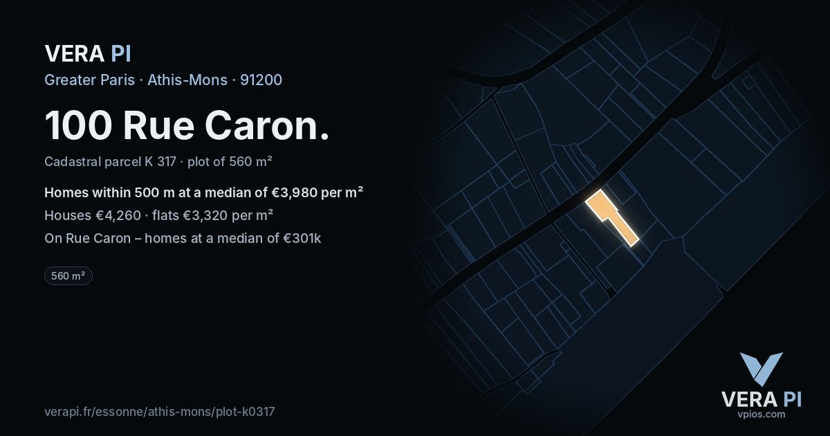 100 Rue Caron, Athis-Mons at night – the plot lit, the parcels around coloured by the prices near them