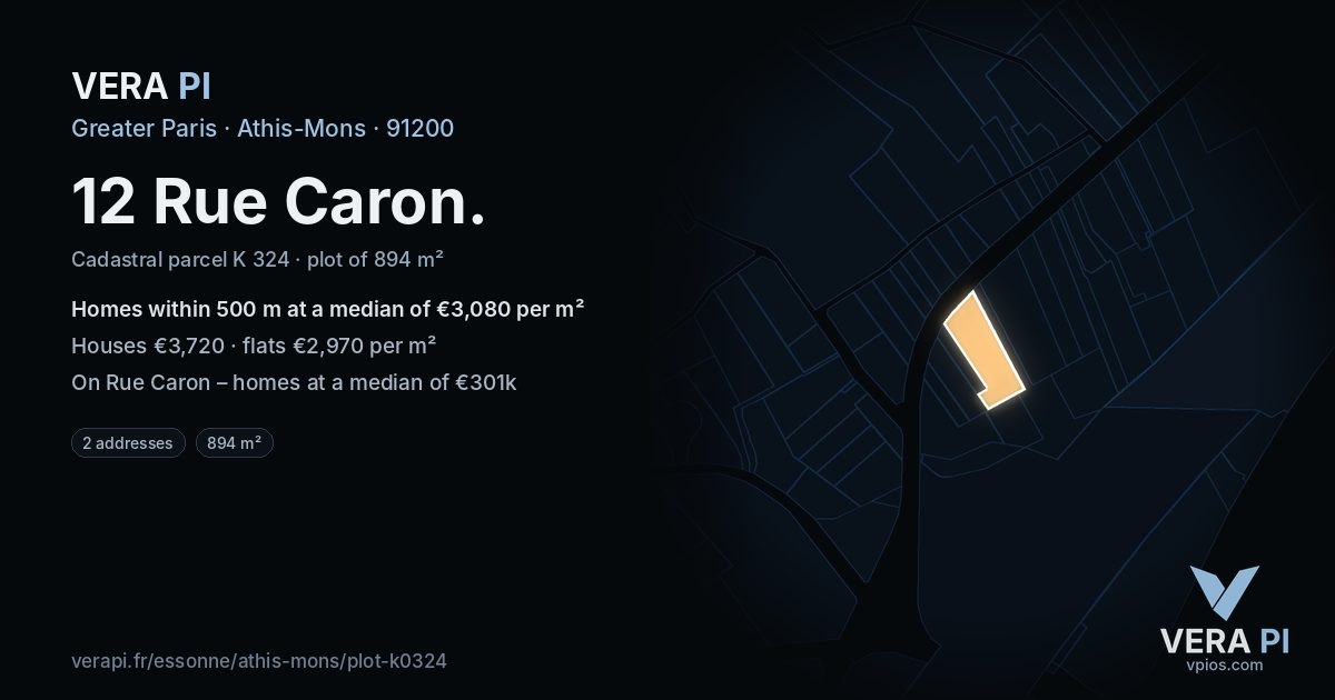 12 Rue Caron, Athis-Mons at night – the plot lit, the parcels around coloured by the prices near them