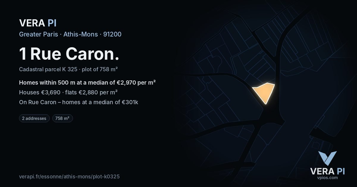 1 Rue Caron, Athis-Mons at night – the plot lit, the parcels around coloured by the prices near them