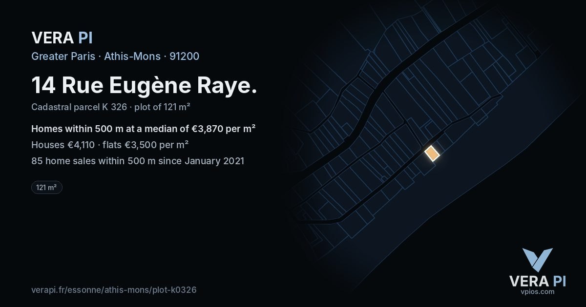 14 Rue Eugène Raye, Athis-Mons at night – the plot lit, the parcels around coloured by the prices near them