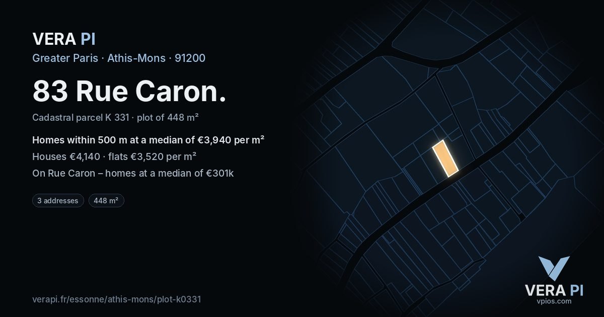 83 Rue Caron, Athis-Mons at night – the plot lit, the parcels around coloured by the prices near them