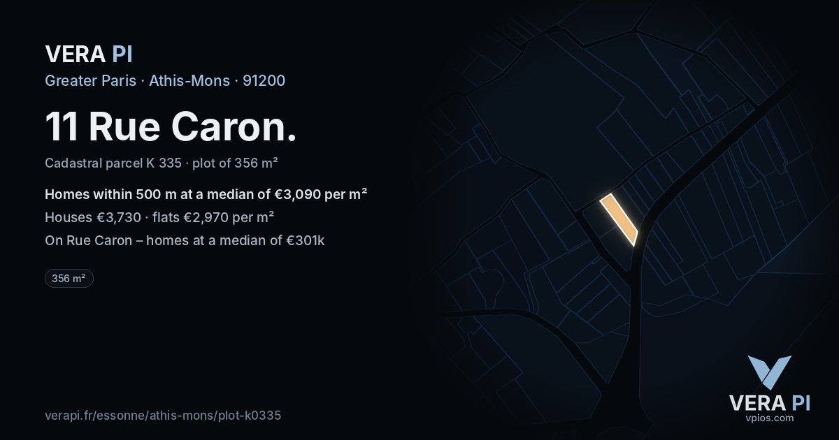 11 Rue Caron, Athis-Mons at night – the plot lit, the parcels around coloured by the prices near them