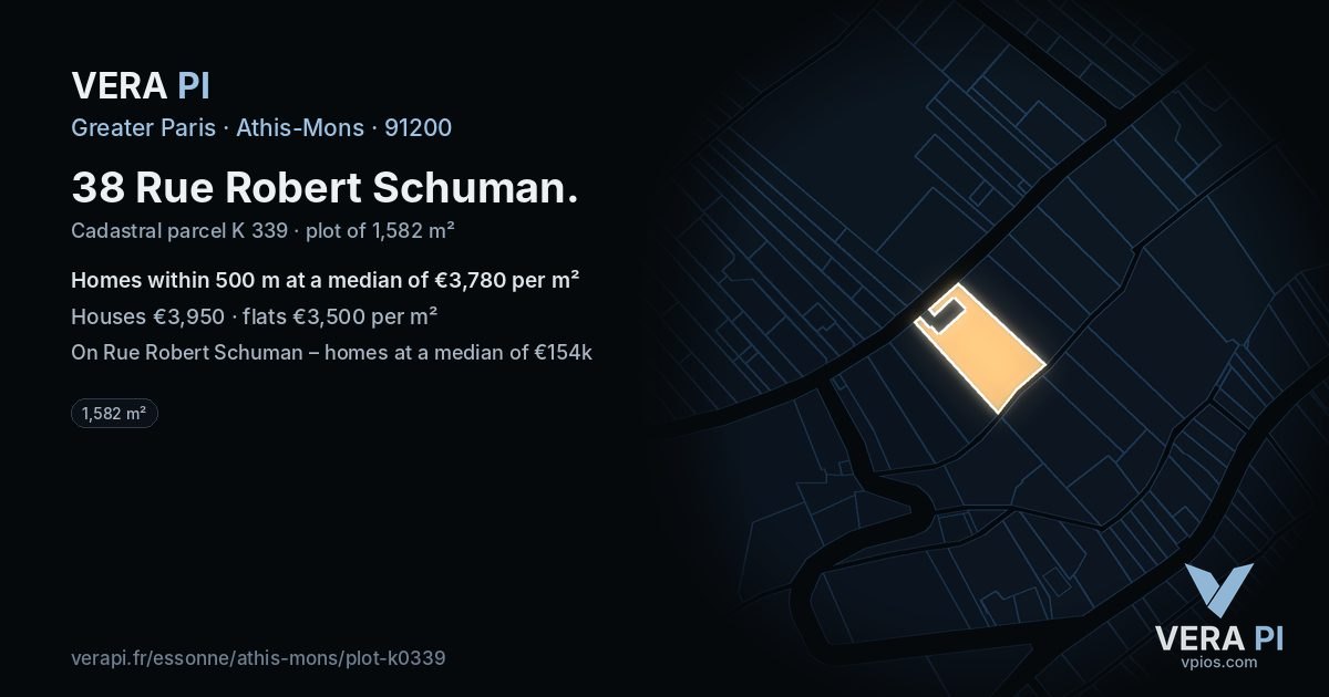 38 Rue Robert Schuman, Athis-Mons at night – the plot lit, the parcels around coloured by the prices near them
