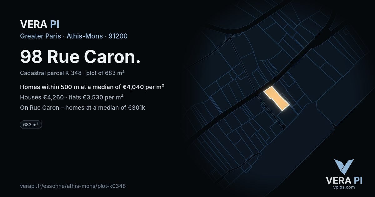 98 Rue Caron, Athis-Mons at night – the plot lit, the parcels around coloured by the prices near them