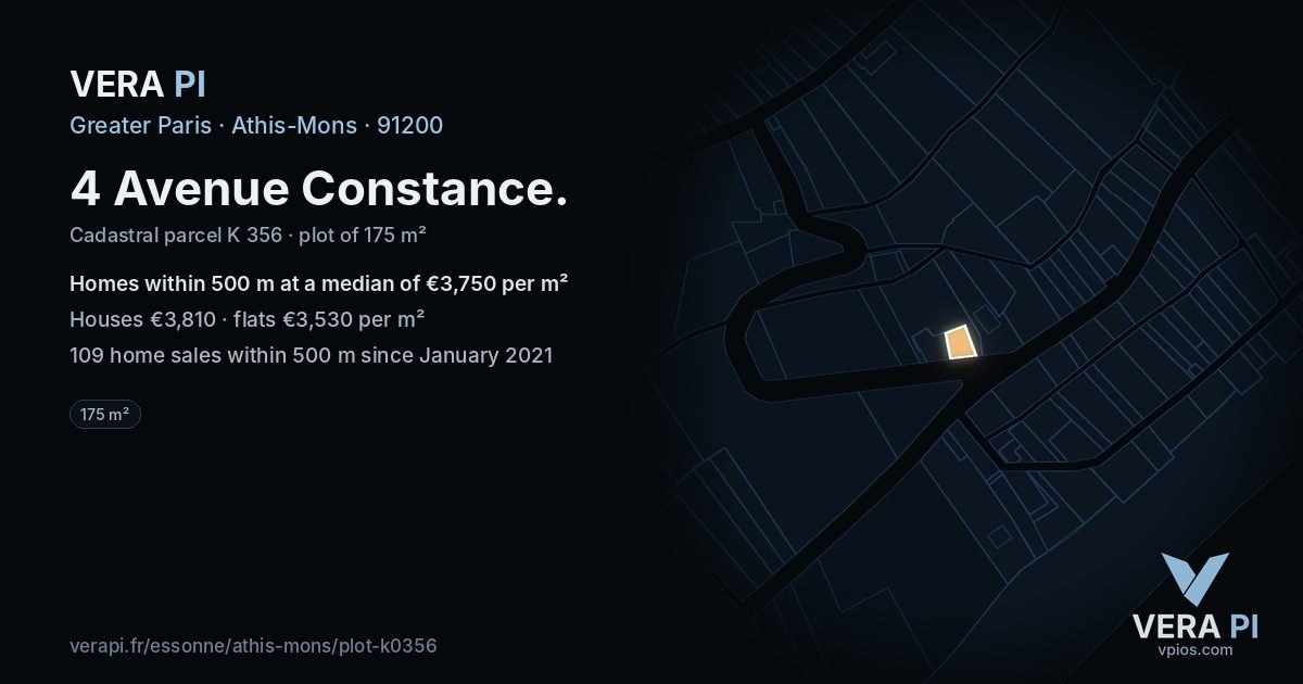 4 Avenue Constance, Athis-Mons at night – the plot lit, the parcels around coloured by the prices near them