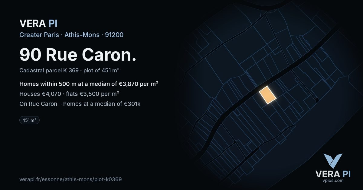 90 Rue Caron, Athis-Mons at night – the plot lit, the parcels around coloured by the prices near them