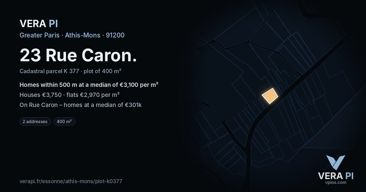 23 Rue Caron, Athis-Mons at night – the plot lit, the parcels around coloured by the prices near them