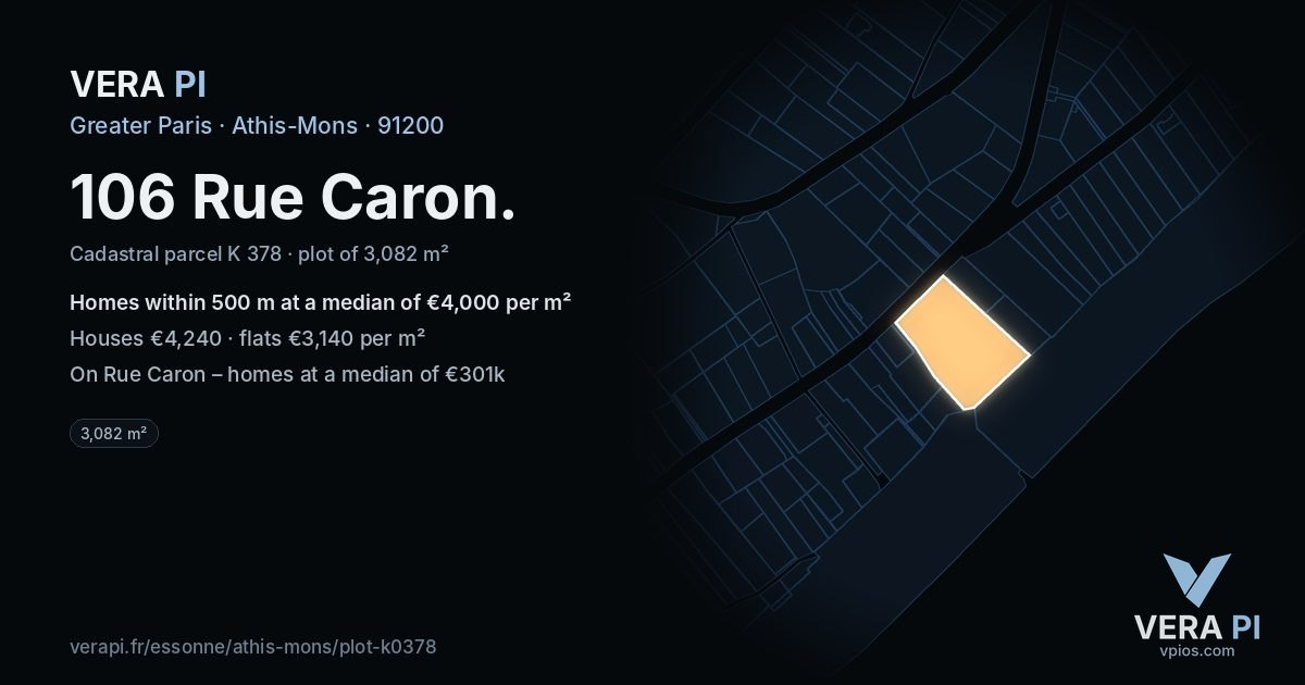106 Rue Caron, Athis-Mons at night – the plot lit, the parcels around coloured by the prices near them