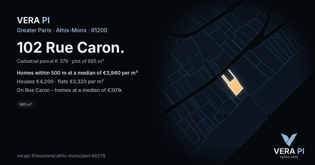 102 Rue Caron, Athis-Mons at night – the plot lit, the parcels around coloured by the prices near them