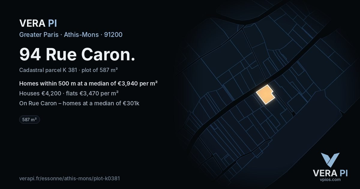 94 Rue Caron, Athis-Mons at night – the plot lit, the parcels around coloured by the prices near them