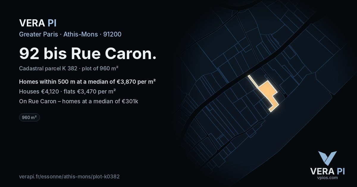 92 bis Rue Caron, Athis-Mons at night – the plot lit, the parcels around coloured by the prices near them