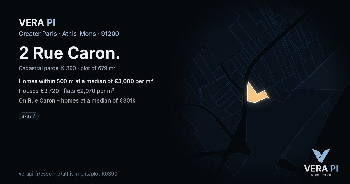 2 Rue Caron, Athis-Mons at night – the plot lit, the parcels around coloured by the prices near them