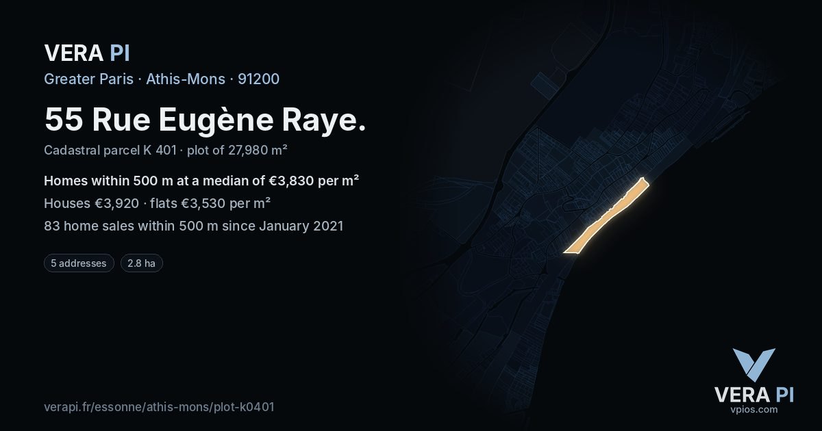 55 Rue Eugène Raye, Athis-Mons at night – the plot lit, the parcels around coloured by the prices near them