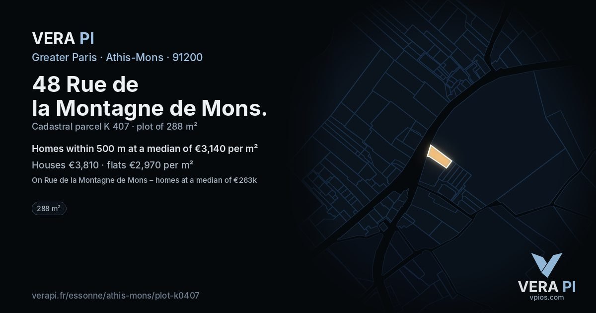 48 Rue de la Montagne de Mons, Athis-Mons at night – the plot lit, the parcels around coloured by the prices near them