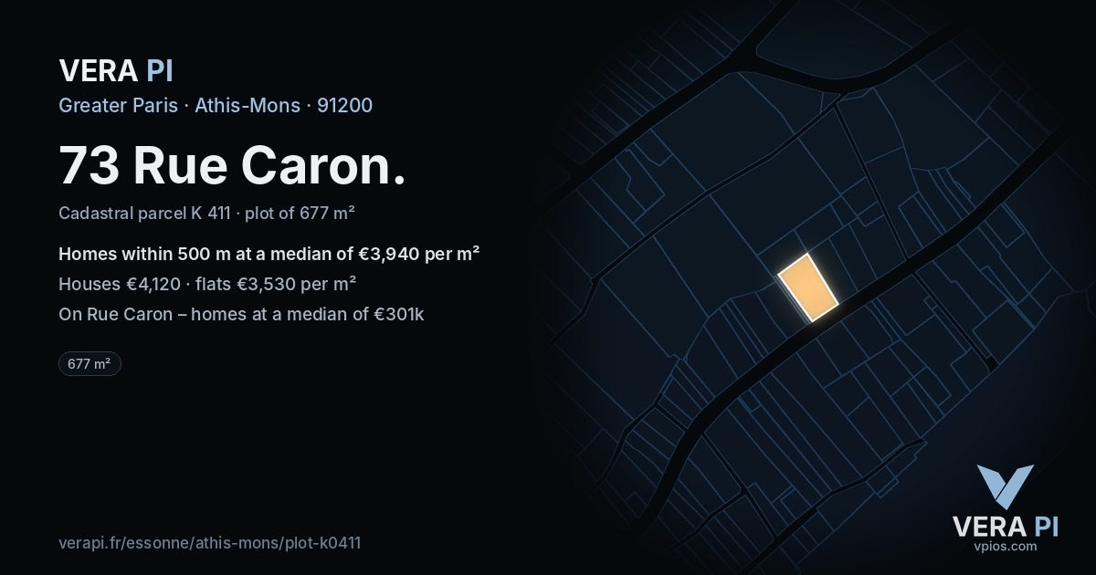 73 Rue Caron, Athis-Mons at night – the plot lit, the parcels around coloured by the prices near them