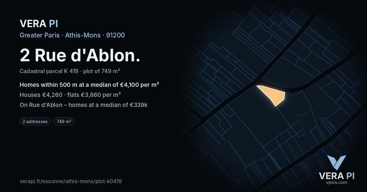 2 Rue d'Ablon, Athis-Mons at night – the plot lit, the parcels around coloured by the prices near them