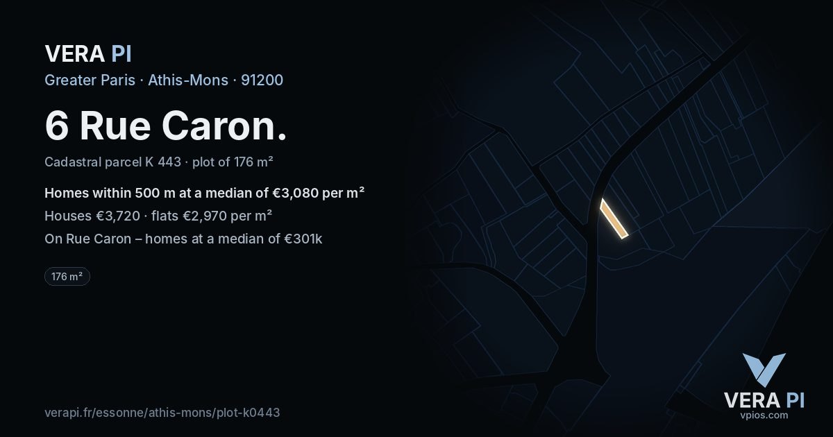 6 Rue Caron, Athis-Mons at night – the plot lit, the parcels around coloured by the prices near them