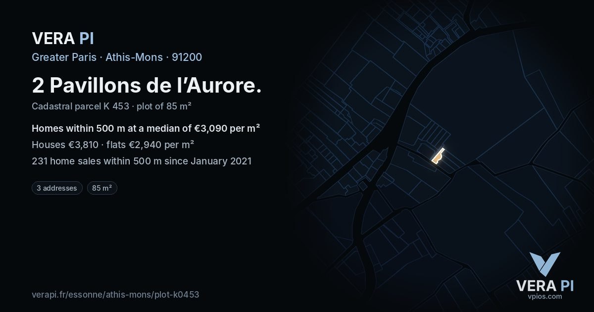 2 Pavillons de l’Aurore, Athis-Mons at night – the plot lit, the parcels around coloured by the prices near them