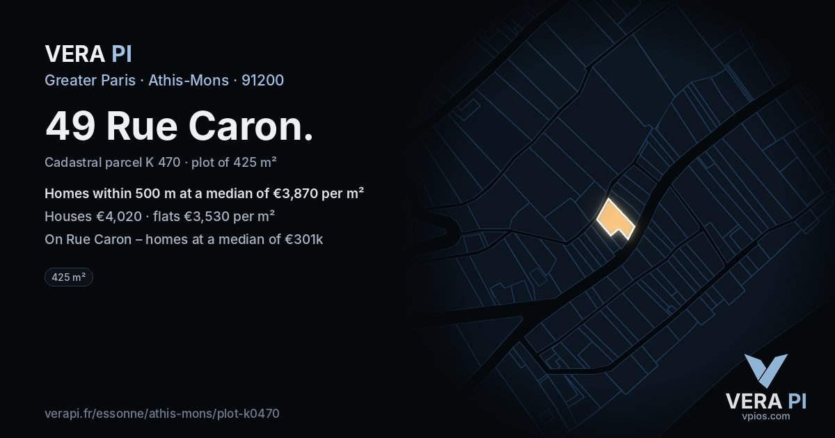 49 Rue Caron, Athis-Mons at night – the plot lit, the parcels around coloured by the prices near them