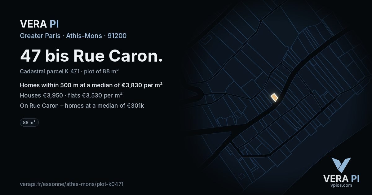 47 bis Rue Caron, Athis-Mons at night – the plot lit, the parcels around coloured by the prices near them