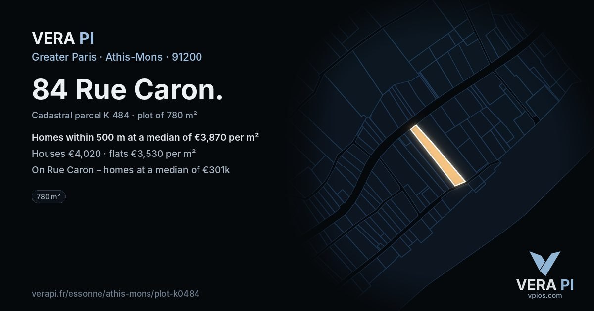 84 Rue Caron, Athis-Mons at night – the plot lit, the parcels around coloured by the prices near them