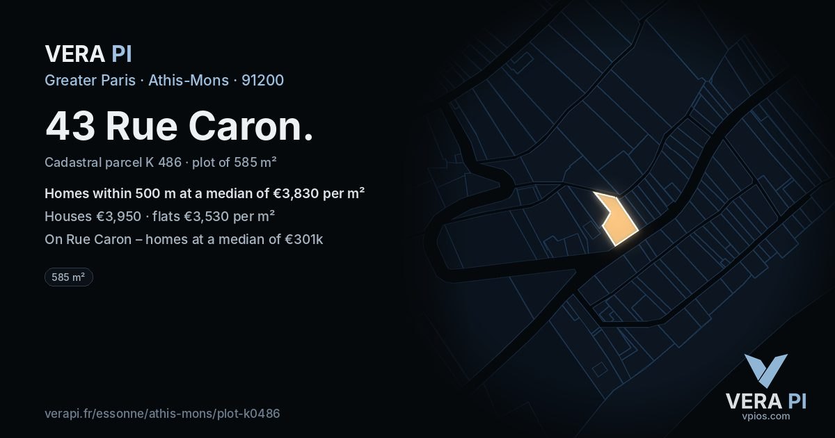 43 Rue Caron, Athis-Mons at night – the plot lit, the parcels around coloured by the prices near them