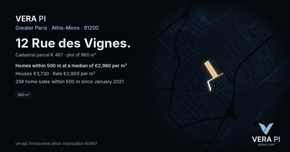 12 Rue des Vignes, Athis-Mons at night – the plot lit, the parcels around coloured by the prices near them