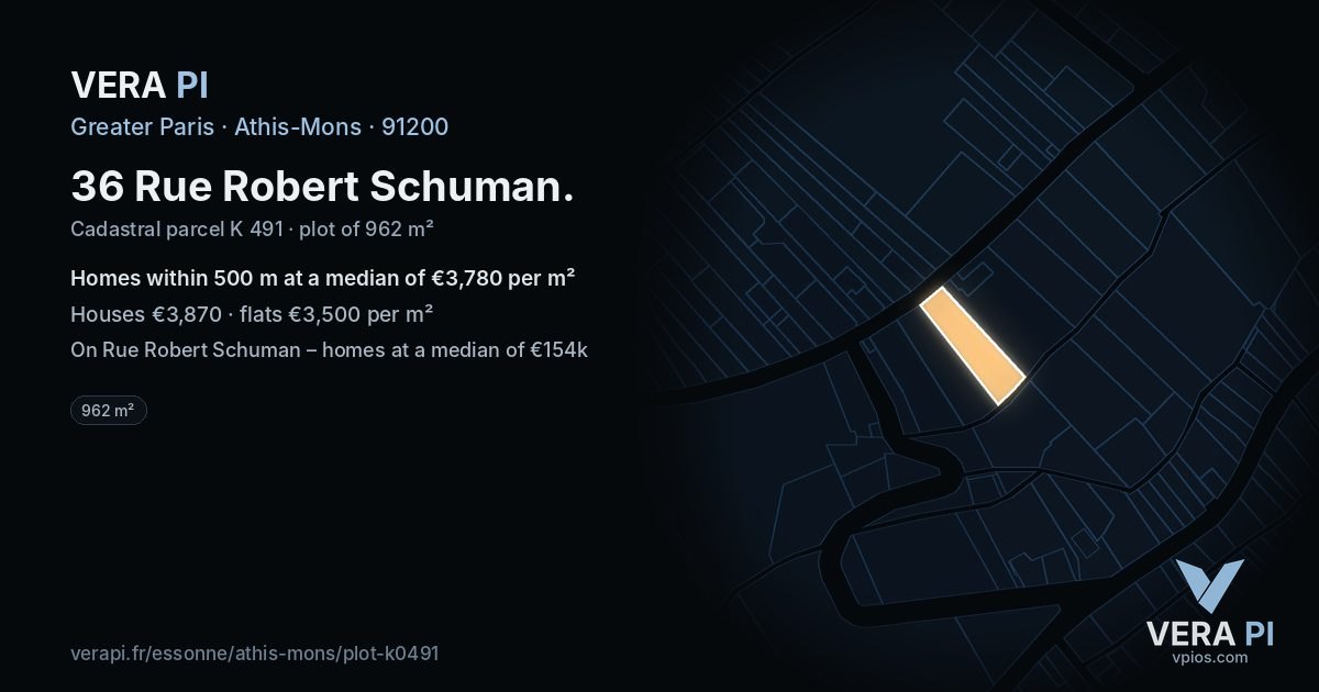 36 Rue Robert Schuman, Athis-Mons at night – the plot lit, the parcels around coloured by the prices near them