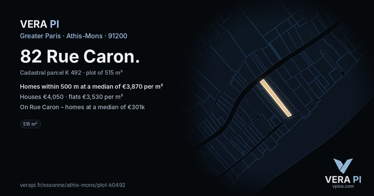 82 Rue Caron, Athis-Mons at night – the plot lit, the parcels around coloured by the prices near them