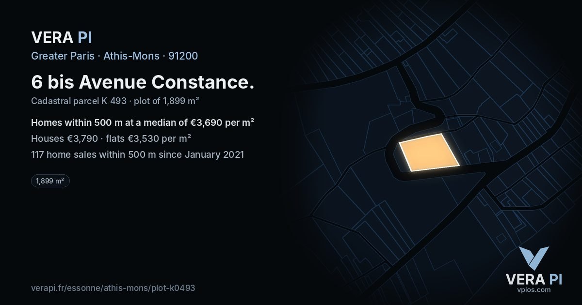 6 bis Avenue Constance, Athis-Mons at night – the plot lit, the parcels around coloured by the prices near them