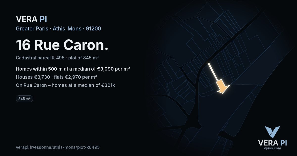 16 Rue Caron, Athis-Mons at night – the plot lit, the parcels around coloured by the prices near them