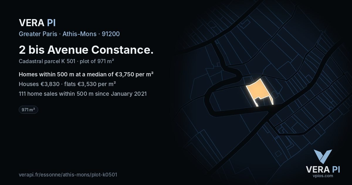 2 bis Avenue Constance, Athis-Mons at night – the plot lit, the parcels around coloured by the prices near them