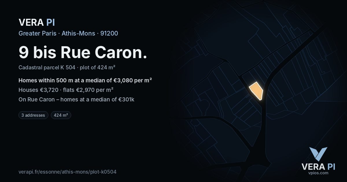 9 bis Rue Caron, Athis-Mons at night – the plot lit, the parcels around coloured by the prices near them
