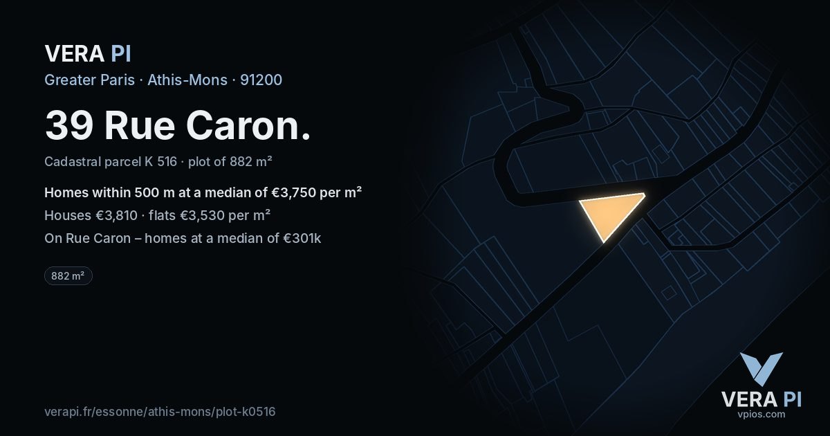 39 Rue Caron, Athis-Mons at night – the plot lit, the parcels around coloured by the prices near them