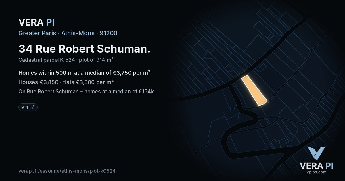 34 Rue Robert Schuman, Athis-Mons at night – the plot lit, the parcels around coloured by the prices near them