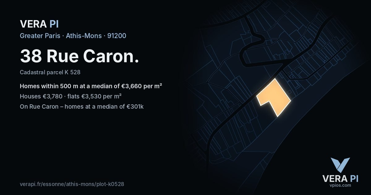 38 Rue Caron, Athis-Mons at night – the plot lit, the parcels around coloured by the prices near them