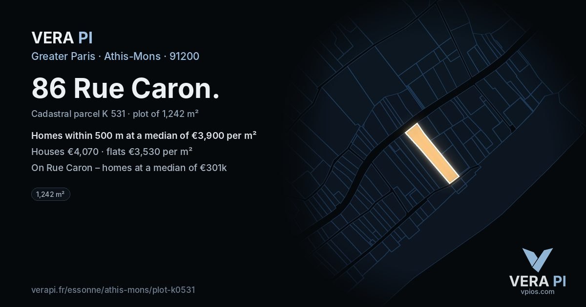 86 Rue Caron, Athis-Mons at night – the plot lit, the parcels around coloured by the prices near them