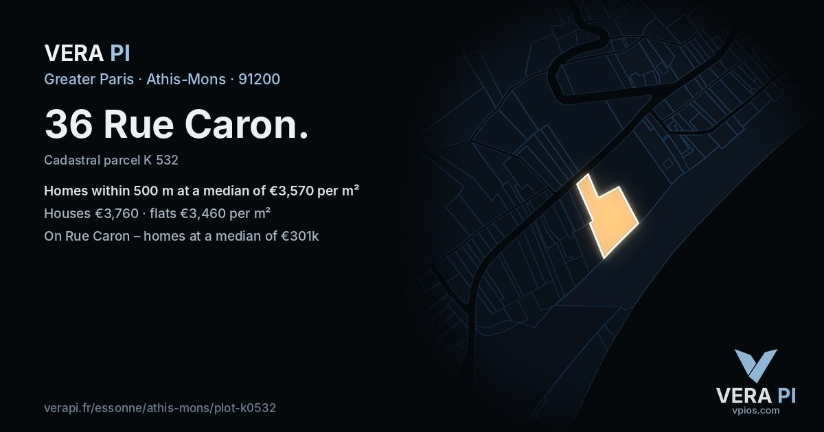 36 Rue Caron, Athis-Mons at night – the plot lit, the parcels around coloured by the prices near them