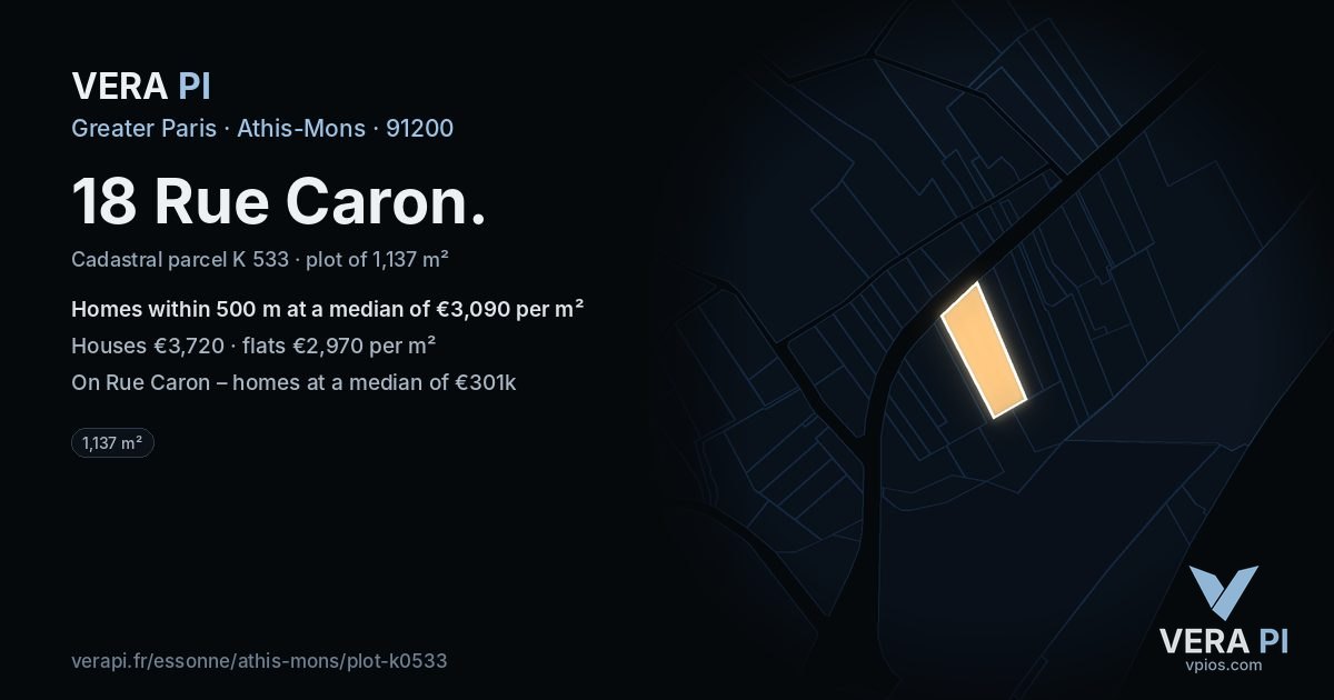18 Rue Caron, Athis-Mons at night – the plot lit, the parcels around coloured by the prices near them