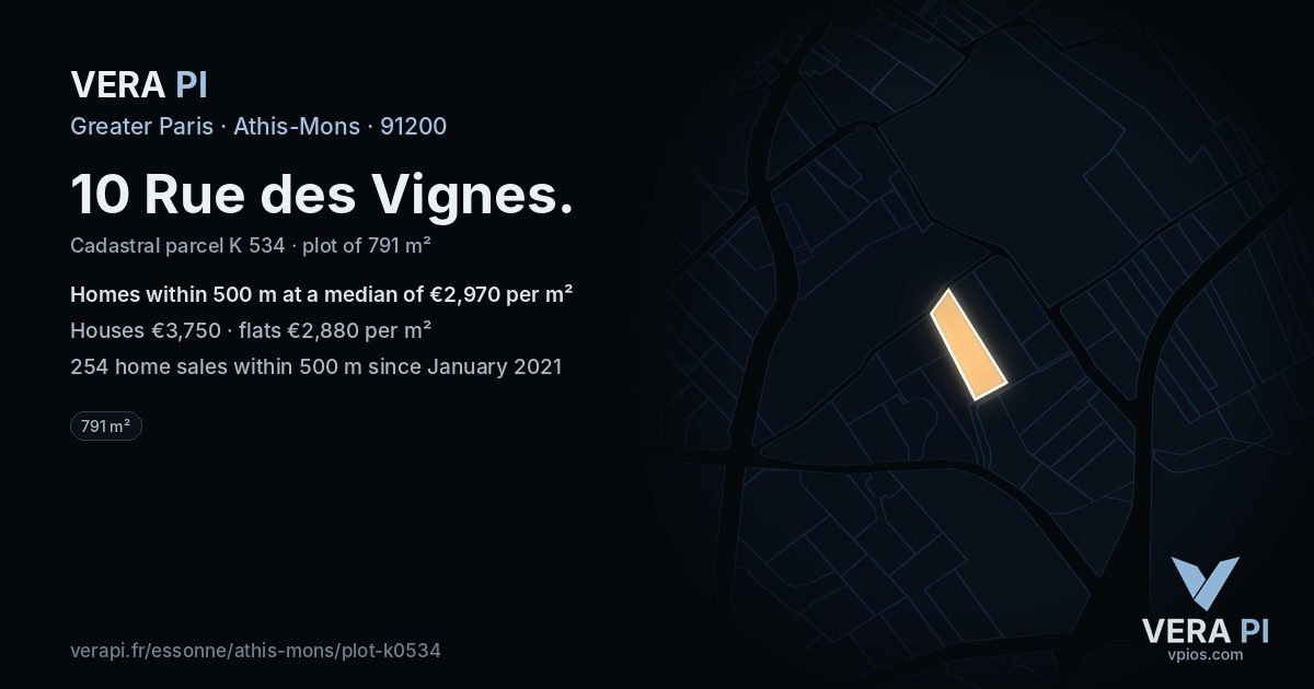 10 Rue des Vignes, Athis-Mons at night – the plot lit, the parcels around coloured by the prices near them