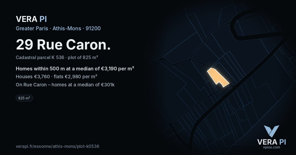 29 Rue Caron, Athis-Mons at night – the plot lit, the parcels around coloured by the prices near them