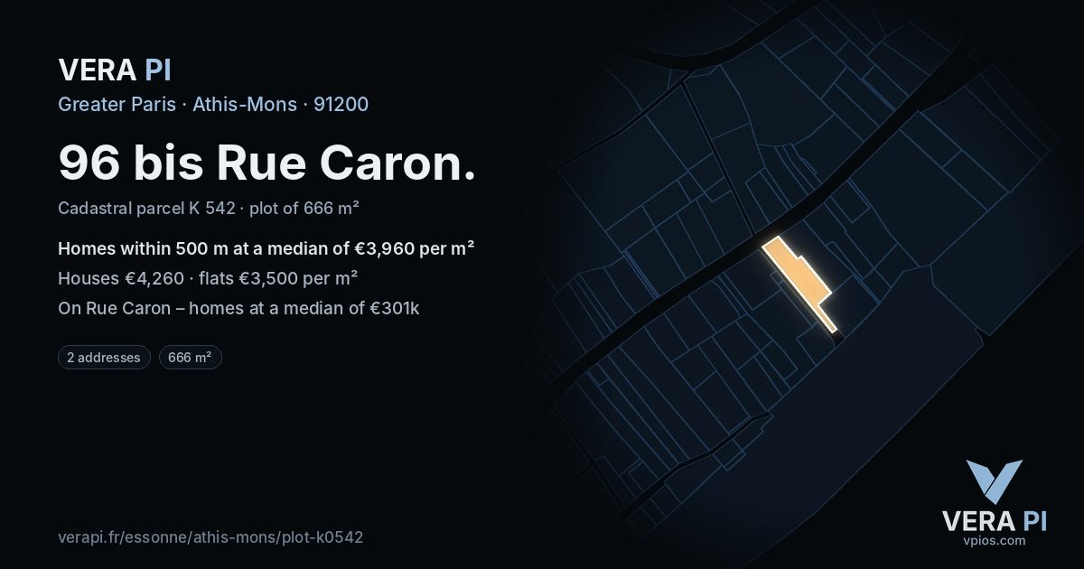 96 bis Rue Caron, Athis-Mons at night – the plot lit, the parcels around coloured by the prices near them