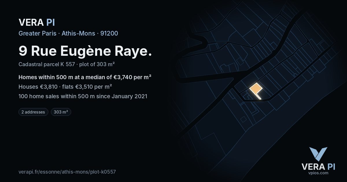 9 Rue Eugène Raye, Athis-Mons at night – the plot lit, the parcels around coloured by the prices near them