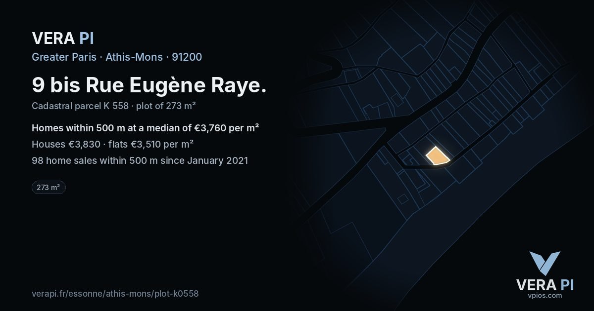 9 bis Rue Eugène Raye, Athis-Mons at night – the plot lit, the parcels around coloured by the prices near them