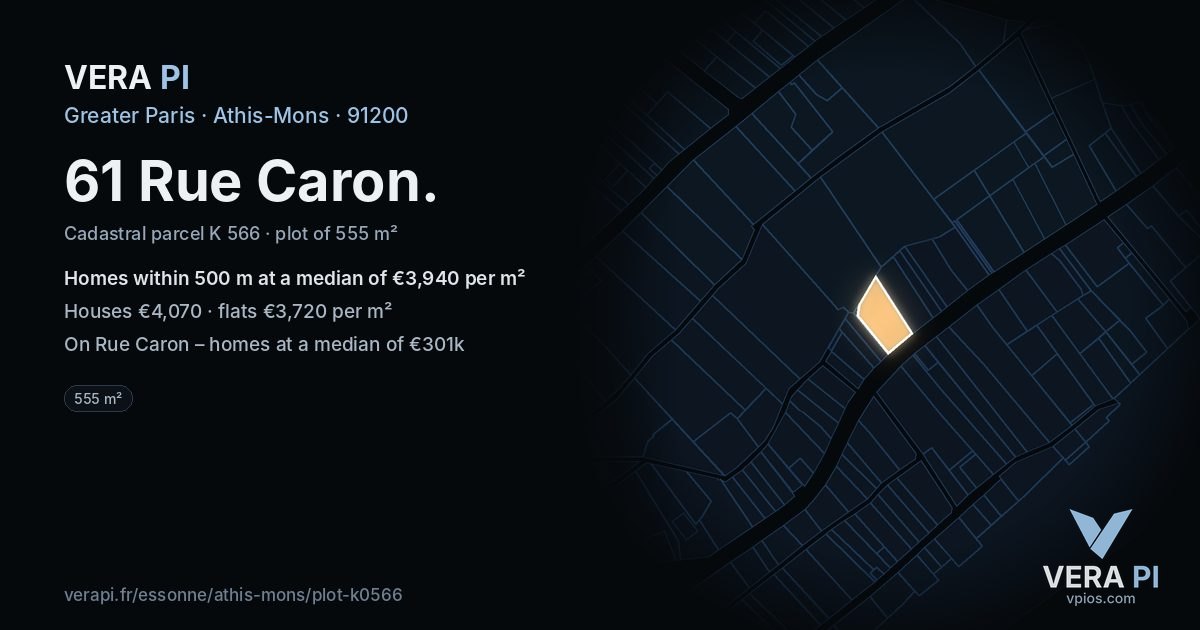 61 Rue Caron, Athis-Mons at night – the plot lit, the parcels around coloured by the prices near them