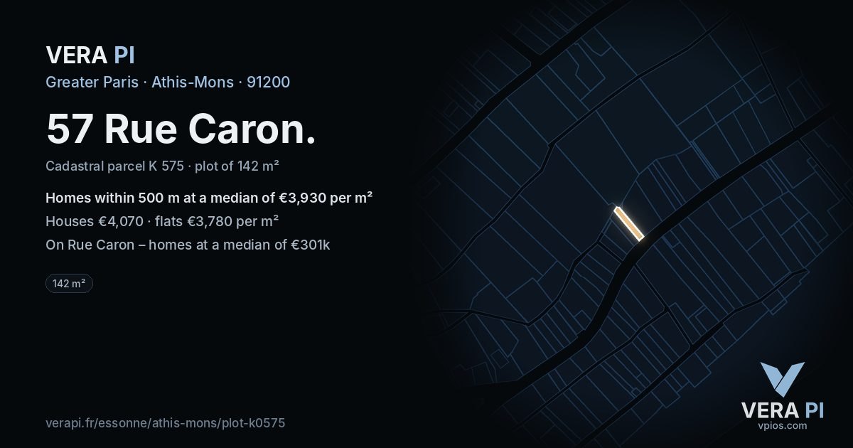 57 Rue Caron, Athis-Mons at night – the plot lit, the parcels around coloured by the prices near them