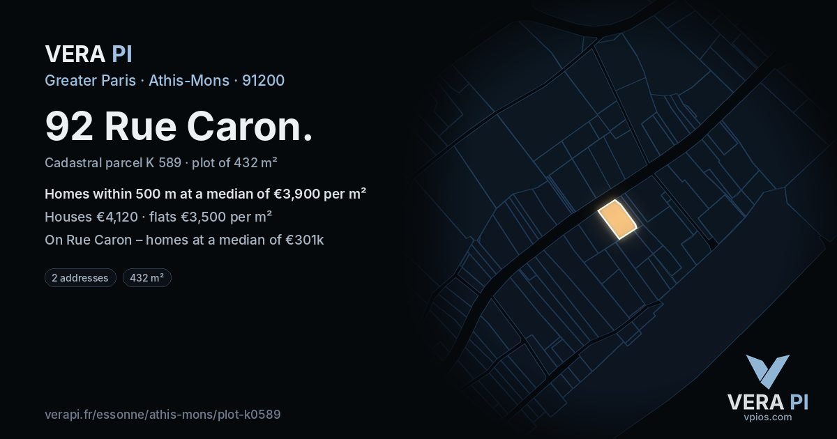 92 Rue Caron, Athis-Mons at night – the plot lit, the parcels around coloured by the prices near them